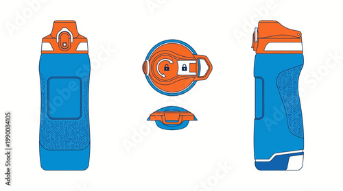 Set of three views of a blue and orange sports water bottle with a textured grip and flip-top lid.