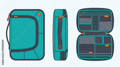 Modern teal organizer bag shown from three different angles, closed and open, with internal compartments.