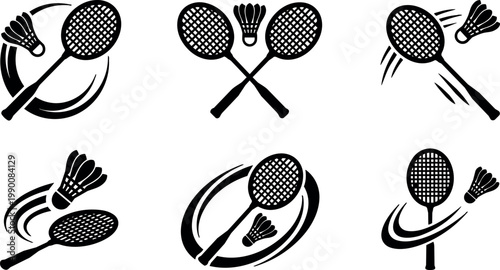 Black and white badminton rackets and shuttlecocks in action vector art set