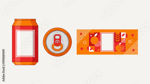 Illustration of a red and orange soda can with a blank label and a design element.