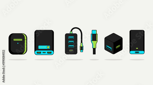 Collection of modern electronic charging devices and accessories including power banks, USB hubs, and cables.
