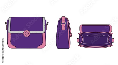 Three views of a stylish purple and pink shoulder bag, showcasing front, side, and top perspectives for design illustration.