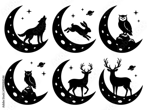 Vector illustration of animals on the moon with stars and planets, creative celestial art