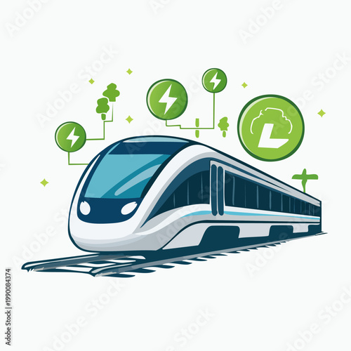 Modern Electric Train with Green Energy Symbols.