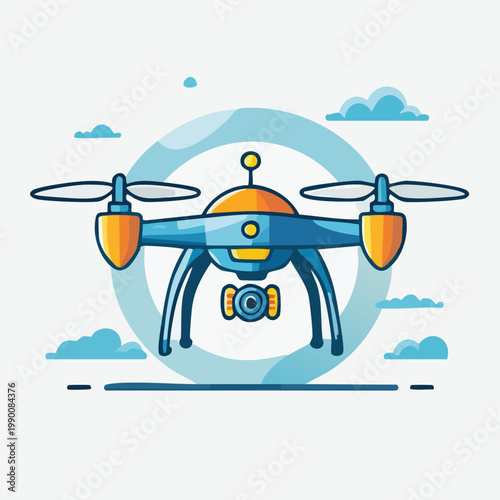 Modern Drone with Camera Flying in Sky with Clouds.