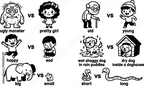 Black and white cartoon opposites comparisons of monster girl boy dog elephant mouse snake