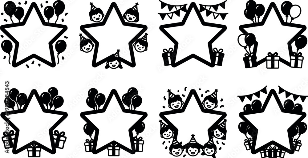 Fototapeta premium Black and white star frames with balloons party hats gifts and banners vector art