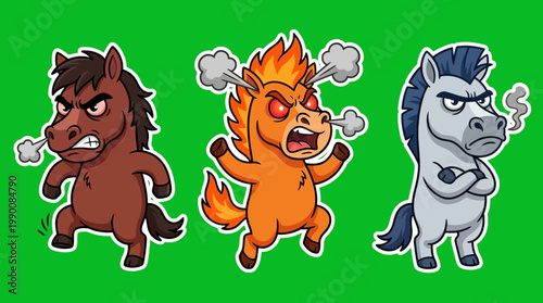 Cartoon Horses Displaying Anger and Frustration on Green Background.
