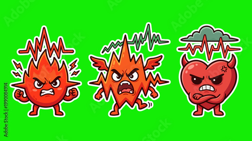 Cartoon Illustrations of Angry Characters with Fiery Expressions.