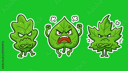 Cartoon leaves with angry expressions on a vibrant green background.
