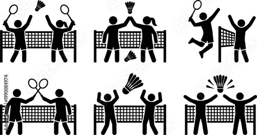 Black and white badminton players with shuttlecock and net silhouette icons