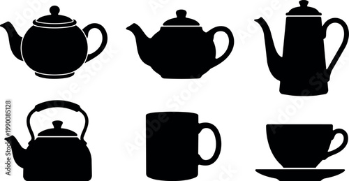 Black silhouette teapots coffee mugs and cup with saucer set