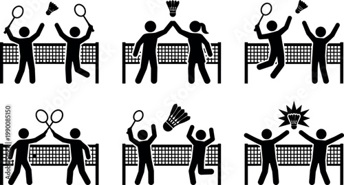 Black and white badminton players with rackets and shuttlecocks in six action poses