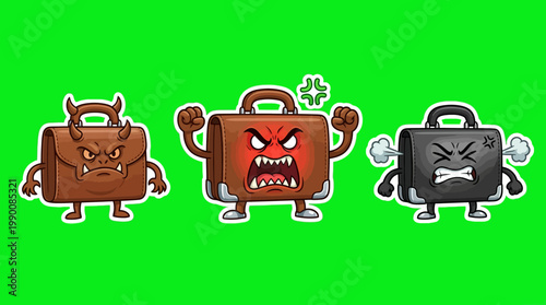 Cartoon Briefcases Displaying Anger and Frustration on Green Background.