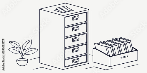 Five drawer office filing cabinet with desk accessory and potted plant furniture document business organizer workplace houseplant clerical paperwork supplies shelving