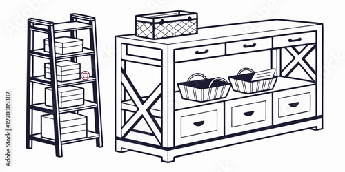 Wooden shelf and sideboard with woven storage baskets and organization bins furniture organizer interior shelving decoration organization supplies containers household