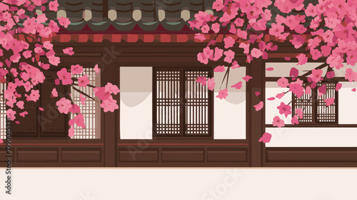 Traditional Korean house Hanok with cherry blossoms in spring, flat vector illustration of oriental architecture, blooming flowers and wooden pavilion, asian cultural background.