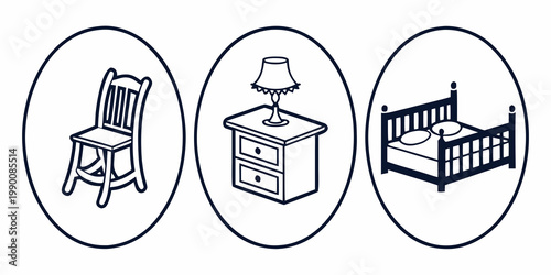 Bedroom furniture collection icons line art design with bedroom set night table furniture nightstand interior minimalist furnishings domestic collection structure