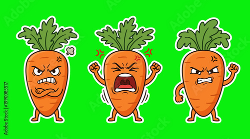 Cartoon Carrots Expressing Anger and Frustration on Green Background.