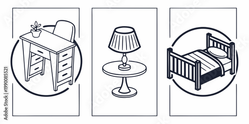 Furniture icon set featuring desk lamp and bed furniture interior minimalist furnishings domestic collection structure isolated illustration household nightstand