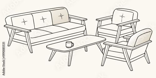 Modern living room furniture set with sofa two armchairs and a low coffee table with a tea cup armchair furniture livingroom interior minimalist illustration lifestyle