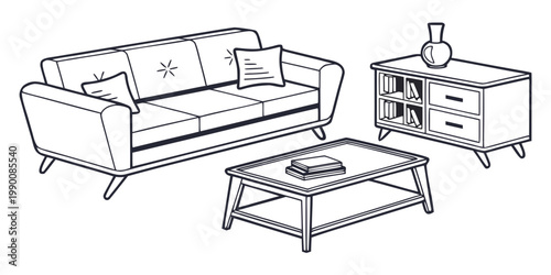 Living room furniture sketch including sofa coffee table with books and sideboard with vase interior design furniture sideboard interior livingroom illustration minimalist