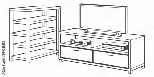 Minimalist living room media console and bookshelf line art vector illustration with bookshelf television furniture interior minimalist illustration entertainment domestic