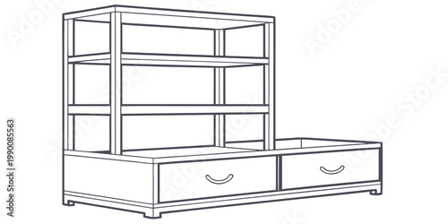 Modular storage unit with integrated shelves and base drawers line art illustration furniture interior illustration minimalist domestic furnishing organized apartment