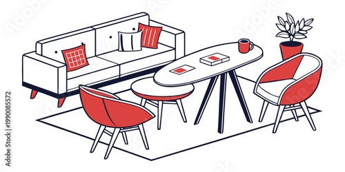 Cozy living room lounge area with oval coffee table sofa and accent chairs in minimalist graphic style armchair interior furniture minimalist lifestyle illustration domestic