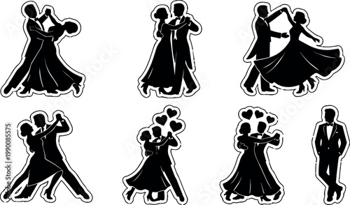 Black and white dancing couple silhouettes with heart balloons and formal attire vector art