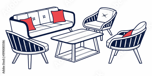 Living room seating arrangement with sofa and armchairs around a central coffee table in line art armchair furniture interior minimalist lifestyle illustration apartment