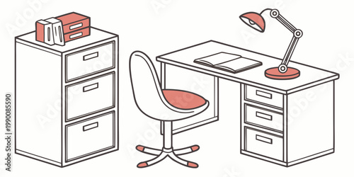 Modern office interior with desk lamp chair and filing cabinet business equipment furniture workspace workplace illustration business interior workstation minimalist
