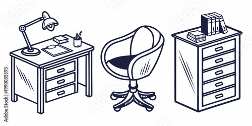 Illustration of office workspace elements desk chair and filing cabinet with desk lamp business equipment workplace workspace furniture illustration business document
