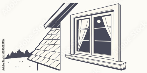 Minimalist architectural line drawing of a house roof and window at night with architecture building exterior shingles illustration minimalist structure silhouette property