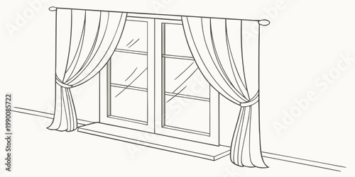 Simple line drawing of a home window with elegant hanging drapes curtains interior illustration minimalist residential property architecture building construction