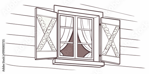 Line art illustration of an open traditional wooden window with shutters and drapes real estate shutters curtains traditional architecture exterior building illustration