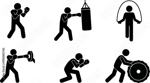 Black and white boxing training and fitness workout vector art icons