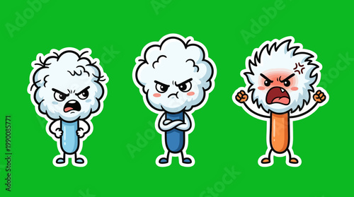 Cartoon Characters with Angry Expressions on Green Background.