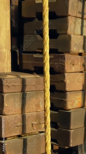 Vertical close-up of theatre counterweight stack and rope backstage, showing fly system mechanics, stage rigging detail, and technical theater infrastructure in warm light.