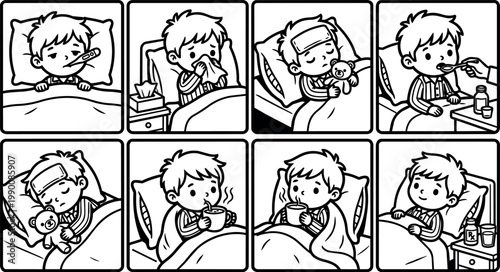 Sick boy resting in bed with thermometer tissue and medicine