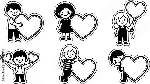 Black and white line art children holding heart shapes vector illustration