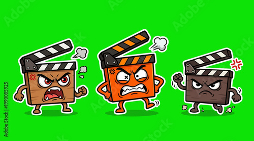 Cartoon Clapperboards Expressing Anger and Frustration on Green Background.