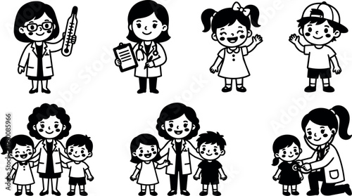 Black and white line art children with doctors and medical checkup scenes