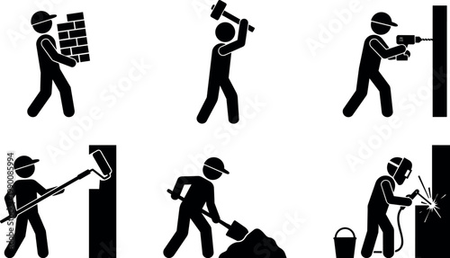 Black and white construction worker icons carrying bricks hammering painting and welding