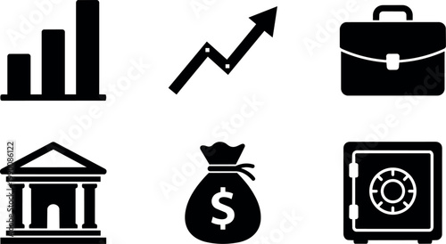 Black business finance icons including chart arrow briefcase bank sack and safe