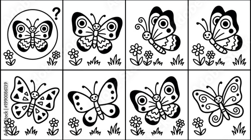 Black and white butterfly guessing game with flowers and grass vector line art