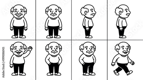 Old man in various poses standing and walking
