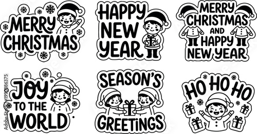 Black and white merry christmas happy new year christmas elf greetings vector art