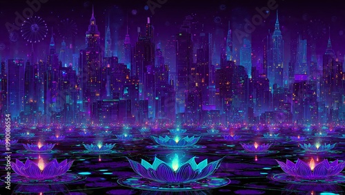 Futuristic Diwali celebration. A neon-lit cityscape with holographic diyas floating in the air. Vibrant purple and cyan color palette, synthwave aesthetic