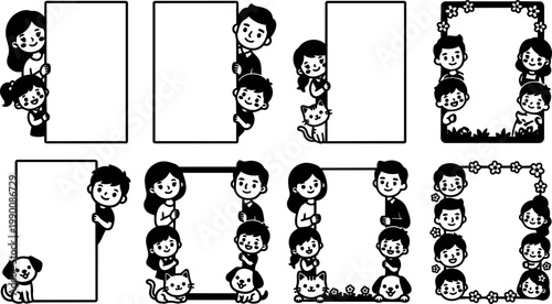 Black and white family holding blank frames with cats and dogs vector art